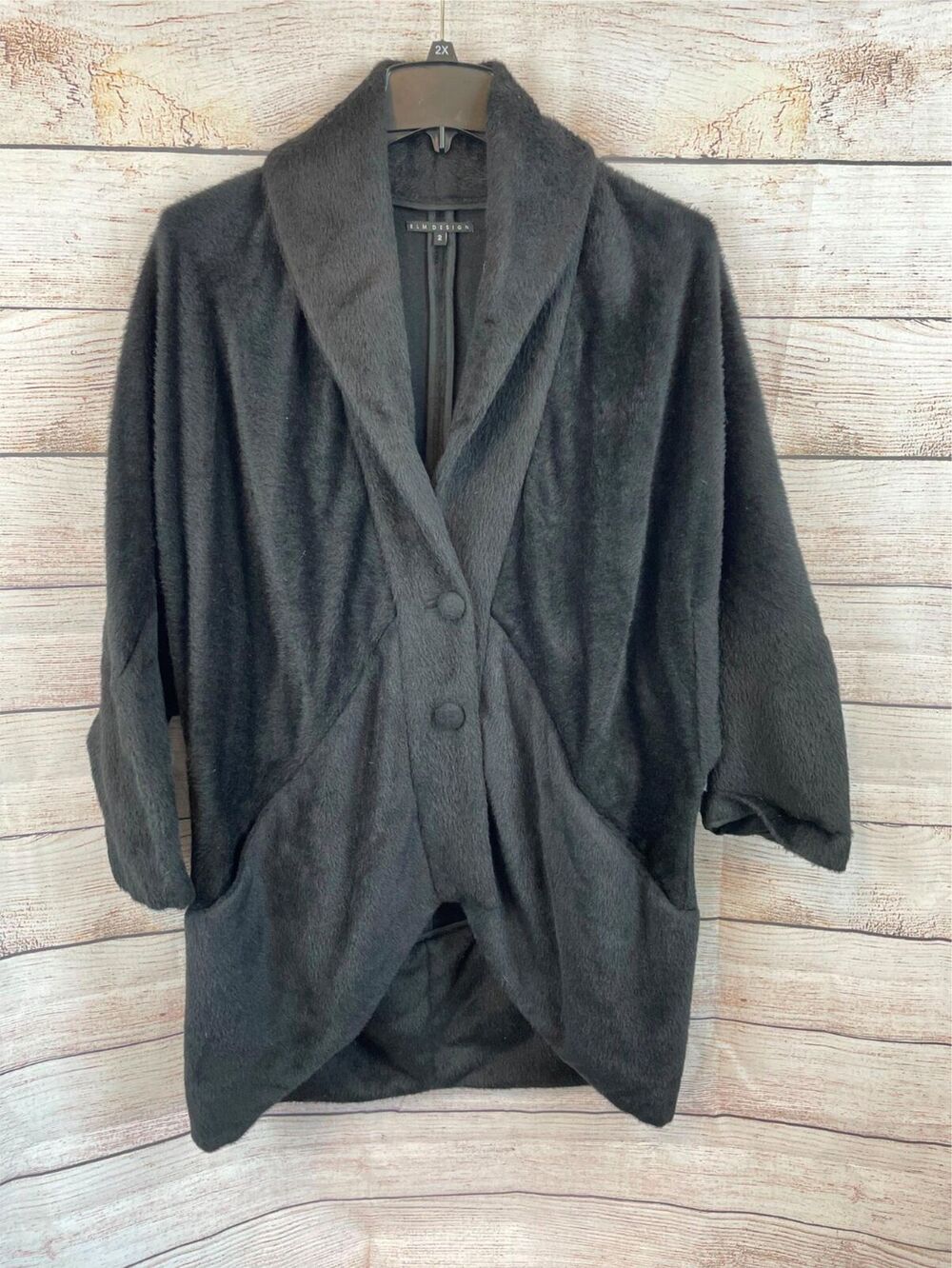 Elm Design Womens Coat 2 Black Alpaca/Wool Blend Button Front High-Low